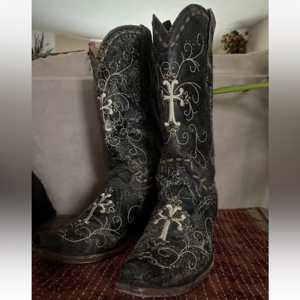 8.5 Corral Vintage Embroidered Cowboy Boots Black Crackle AB100 Buckle Leather
